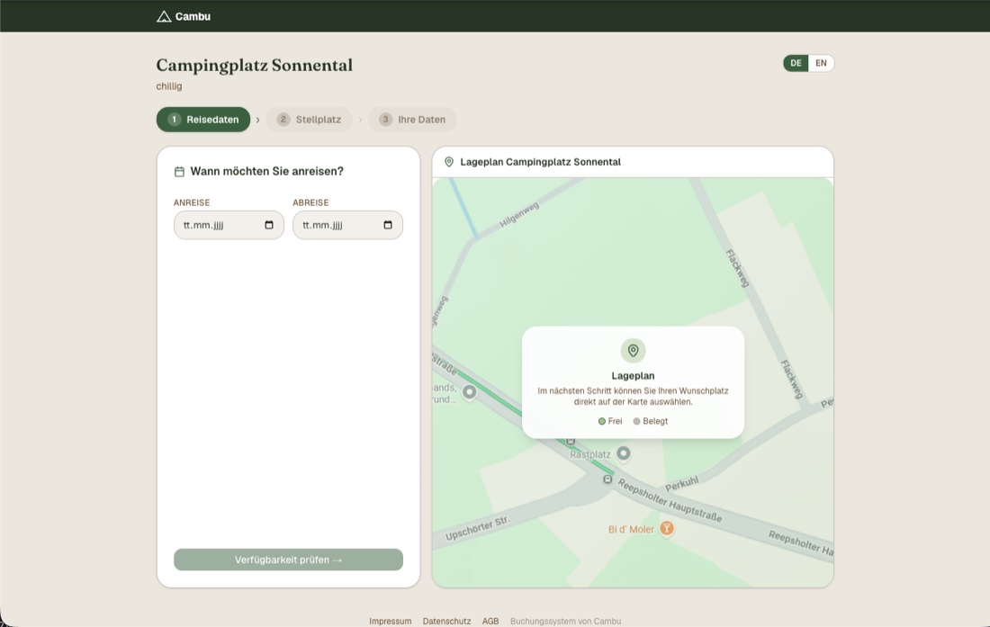 cambu.net: Buchungsansicht aus Gastsicht mit Reisedaten und Lageplan